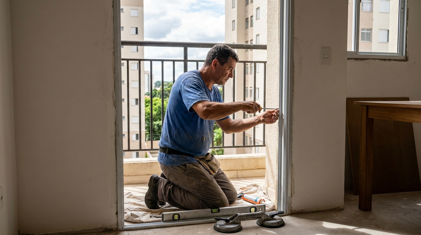 Janela de vidro em apartamento alto em Passo Fundo-RS