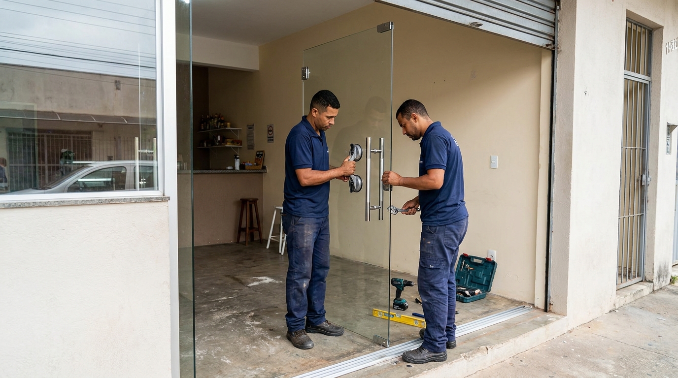 Dupla instalando porta de vidro em loja em Passo Fundo-RS